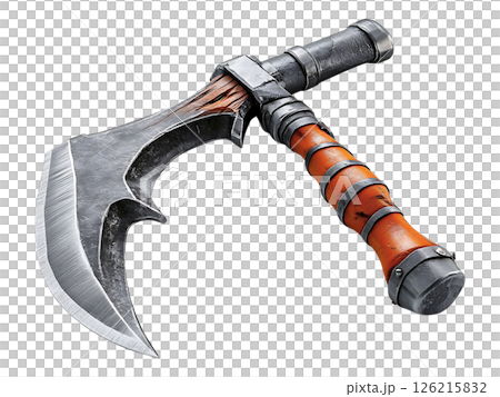 Intricate fantasy axe with a curved blade, aged metal finish, and an orange wood handle.  Perfect for game design, fantasy art, or conceptual illustration. 126215832