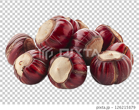 A closeup shot of a pile of shiny, dark reddishbrown chestnuts on a stark white background. 126215879