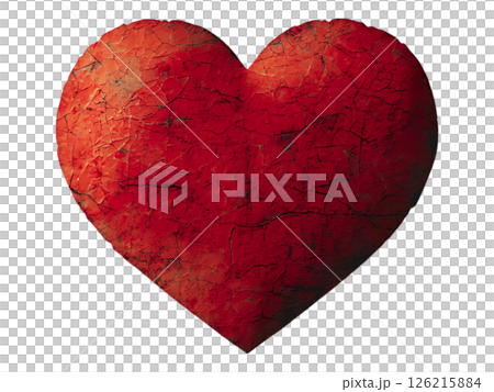 A weathered, red heart against a minimalist white background.  This evocative image symbolizes resilience, enduring love, or the passage of time. 126215884