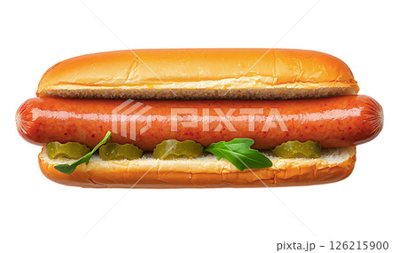 Classic hot dog in a soft bun, garnished with pickles and fresh arugula.  A simple yet appetizing image perfect for menus, food blogs, or advertising. 126215900