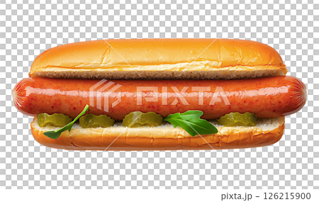 Classic hot dog in a soft bun, garnished with pickles and fresh arugula.  A simple yet appetizing image perfect for menus, food blogs, or advertising. 126215900