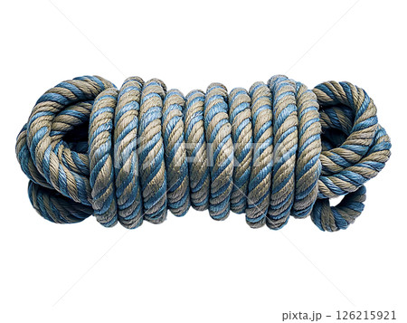 A tightly coiled length of nautical rope, showcasing a striking teal and beige twotone twist.  The texture is rich and the color palette evokes feelings of the sea and adventure. 126215921