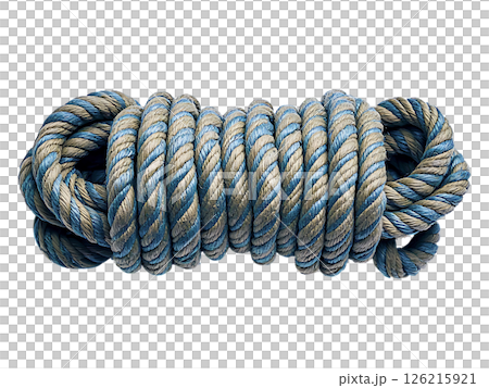 A tightly coiled length of nautical rope, showcasing a striking teal and beige twotone twist.  The texture is rich and the color palette evokes feelings of the sea and adventure. 126215921