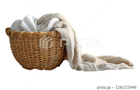 Serene image of a wicker basket overflowing with soft, neutraltoned knitted textiles on a pristine white bed.  Evokes feelings of comfort, relaxation, and home. 126215946