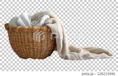 Serene image of a wicker basket overflowing with soft, neutraltoned knitted textiles on a pristine white bed.  Evokes feelings of comfort, relaxation, and home. 126215946