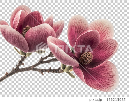 Elegant pink magnolia blossoms in full bloom, gracefully arranged on a delicate branch. Elegant pink magnolia blossoms in full bloom, gracefully arranged on a delicate branch. 126215985