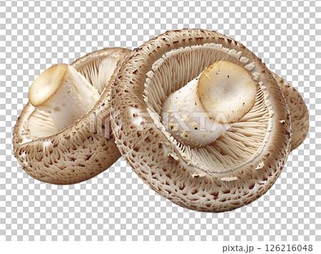Closeup of two earthytoned mushrooms, showcasing intricate textures and delicate gills. 126216048