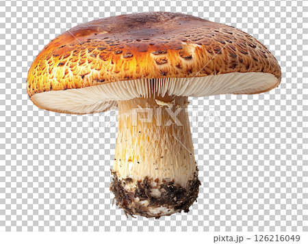A striking closeup of a single, large mushroom against a pure white background. Its cap displays rich, earthy tones of brown and orange, while the stem showcases a creamy, textured surface. 126216049