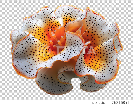 Stunning closeup of a vibrant sea creature, resembling an exotic flower.  Its intricate orange and white polka dot pattern and ruffled texture create a captivating, almost surreal image. 126216051