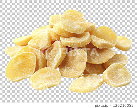 A vibrant pile of candied ginger slices, showcasing their golden hue and sugary texture. A vibrant pile of candied ginger slices, showcasing their golden hue and sugary texture. 126216053