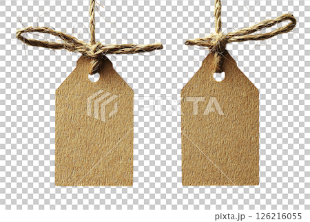 Two rustic kraft paper gift tags hang from a twine string, tied with a charming bow.  Perfect for adding a handmade, ecofriendly touch to your projects. 126216055