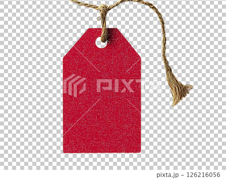 A vibrant red gift tag hangs elegantly from a rustic jute string, creating a visually appealing contrast. 126216056