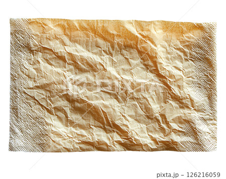 Closeup of a crumpled, tancolored paper napkin.  Textured and abstract, representing concepts of disposability, imperfection, or the transient nature of time. 126216059