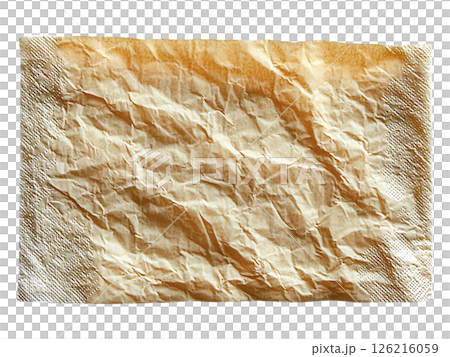 Closeup of a crumpled, tancolored paper napkin.  Textured and abstract, representing concepts of disposability, imperfection, or the transient nature of time. 126216059
