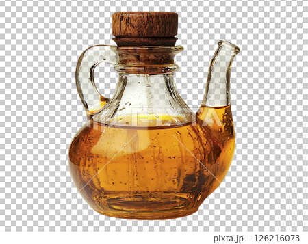 A rustic, clear glass oil decanter with a wooden stopper, filled with golden oil, showcases water droplets for a fresh, wholesome feel.  Perfect for culinary, health, or lifestyle concepts. 126216073