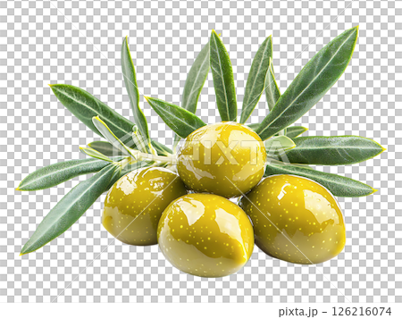 Closeup of vibrant green olives on a branch, glistening with freshness.  A symbol of health, abundance, and Mediterranean cuisine. Perfect for food blogs, recipe websites, or packaging design. 126216074
