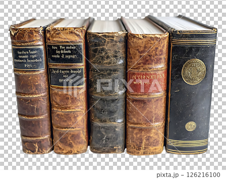Antique leatherbound books stand in a row, showcasing aged details unique lettering on their spines. A timeless image evoking history, knowledge, and the passage of time. Antique leatherbound books stand in a row, showcasing aged details unique lettering on their spines. A timeless image evoking history, knowledge, and the passage of time. 126216100