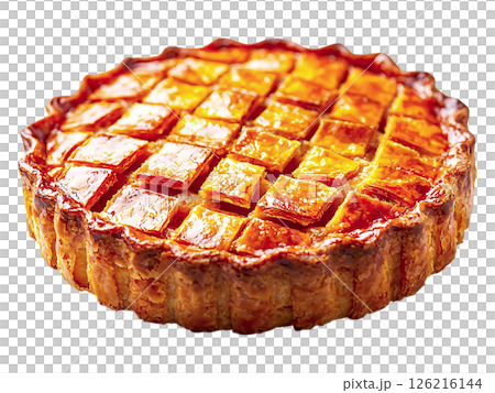 Goldenbrown apple pie with a lattice crust, glistening with a delicious glaze.  A perfect image for autumnal themes, food blogs, or bakery websites. 126216144