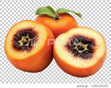 Closeup of two halved exotic fruits revealing dark brown centers, alongside a whole fruit vibrant orange hues contrast with the deep brown core, creating a striking visual. Closeup of two halved exotic fruits revealing dark brown centers, alongside a whole fruit vibrant orange hues contrast with the deep brown core, creating a striking visual. 126216167