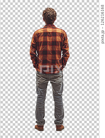 Rear view of a young man in a plaid shirt and jeans, standing against a white background. Rear view of a young man in a plaid shirt and jeans, standing against a white background. 126216168