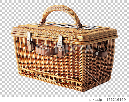 Elegant wicker picnic basket with a leather handle and checkered lining.  Perfect for rustic, vintage, or travel themed designs.  Evokes feelings of adventure and relaxation. Elegant wicker picnic basket with a leather handle and checkered lining.  Perfect for rustic, vintage, or travel themed designs.  Evokes feelings of adventure and relaxation. 126216169