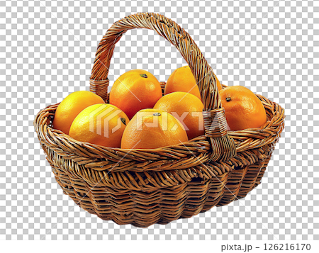 A rustic wicker basket brimming with juicy oranges.  This vibrant image evokes feelings of freshness, abundance, and healthy living. 126216170