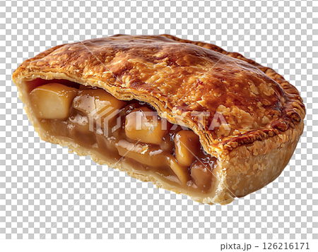 A delectable slice of apple pie, showcasing a goldenbrown, flaky crust and a glistening, sweet apple filling.  Perfect for autumnal themes, food blogs, or dessert menus. 126216171