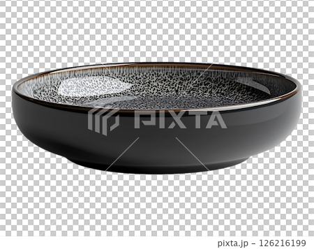 Elegant black bowl with speckled gray and brown glaze.  Perfect for stylish food presentation, home decor, or restaurant settings.  Clean lines and sophisticated design. 126216199