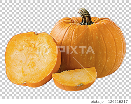 Vibrant autumn harvest A whole pumpkin and two slices, showcasing its rich orange flesh and texture.  Perfect for fall themes, cooking, healthy eating, or Thanksgiving imagery. 126216217