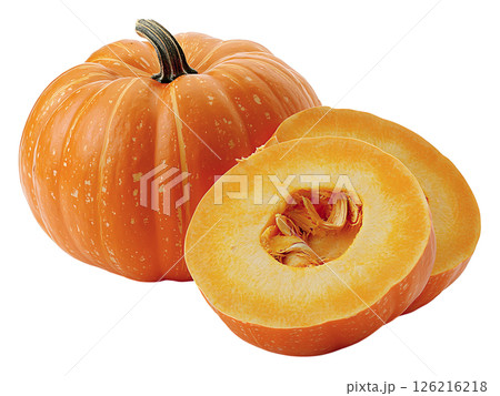 Vibrant whole pumpkin and two juicy slices, showcasing its bright orange flesh and seeds.  Perfect for autumnal recipes, harvest themes, or healthy eating imagery. Vibrant whole pumpkin and two juicy slices, showcasing its bright orange flesh and seeds.  Perfect for autumnal recipes, harvest themes, or healthy eating imagery. 126216218