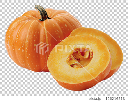 Vibrant whole pumpkin and two juicy slices, showcasing its bright orange flesh and seeds.  Perfect for autumnal recipes, harvest themes, or healthy eating imagery. Vibrant whole pumpkin and two juicy slices, showcasing its bright orange flesh and seeds.  Perfect for autumnal recipes, harvest themes, or healthy eating imagery. 126216218