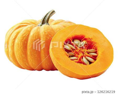 Vibrant, ripe pumpkin halved to reveal its seeds.  Perfect for autumn themes, healthy eating, or cooking concepts.  Highresolution image ideal for websites, blogs, and culinary publications. Vibrant, ripe pumpkin halved to reveal its seeds.  Perfect for autumn themes, healthy eating, or cooking concepts.  Highresolution image ideal for websites, blogs, and culinary publications. 126216219