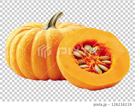 Vibrant, ripe pumpkin halved to reveal its seeds.  Perfect for autumn themes, healthy eating, or cooking concepts.  Highresolution image ideal for websites, blogs, and culinary publications. Vibrant, ripe pumpkin halved to reveal its seeds.  Perfect for autumn themes, healthy eating, or cooking concepts.  Highresolution image ideal for websites, blogs, and culinary publications. 126216219