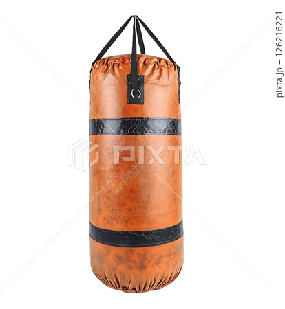 Standalone brown leather punching bag, isolated on white.  Perfect for concepts of fitness, boxing, martial arts, stress relief, or perseverance. 126216221