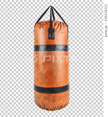 Standalone brown leather punching bag, isolated on white.  Perfect for concepts of fitness, boxing, martial arts, stress relief, or perseverance. 126216221