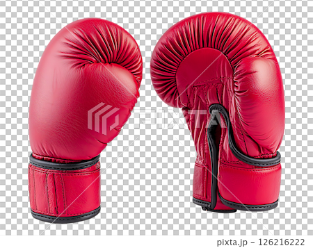 A pair of vibrant red boxing gloves, positioned for impact, symbolize strength, competition, and the pursuit of victory. 126216222