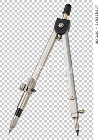 Metal compass for drawing precise circles and arcs isolated, professional geometry tool with sharp point Metal compass for drawing precise circles and arcs isolated, professional geometry tool with sharp point 126216237