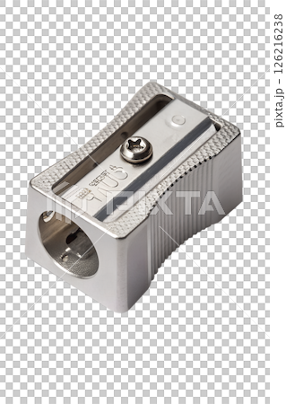 Shiny metal pencil sharpener isolated on transparent background, office or school supply with reflective surface 126216238