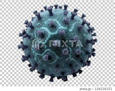 High-detail 3D render of a virus particle. Teal and purple hues create a striking visual, perfect for medical, scientific, or educational projects needing a microscopic view. 126216251