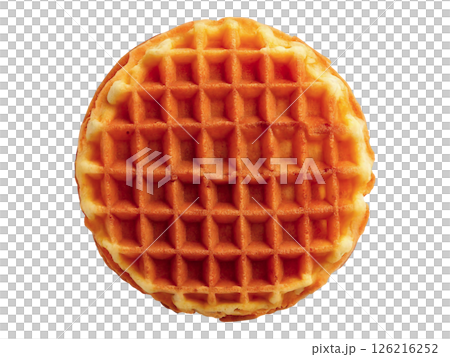 Golden-brown waffle, perfectly crisp, isolated on white.  Ideal for food blogs, menus, or breakfast-themed projects. High-resolution detail showcases texture and appetizing color. 126216252