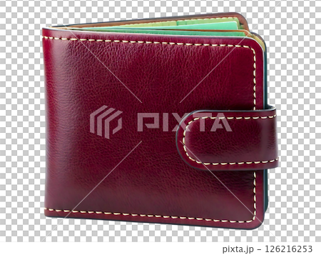 High-quality, burgundy leather wallet with contrasting stitching.  Perfect for showcasing luxury goods, finance, or personal style.  Detailed texture and craftsmanship are visible. 126216253