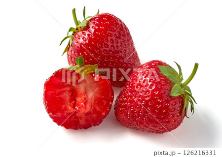 three ripe sweet strawberries isolated on white background 126216331
