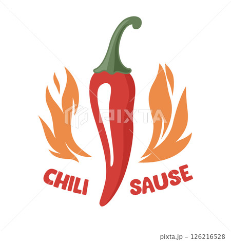 Spicy Chili Pepper With Flames Hot Sauce Logo. Fiery Chili Pepper Illustration For Spicy Food Branding. Chili Pepper Vector Art with Fire for Hot Sauce Label, Icon For Mexican Cuisine Spicy Chili Pepper With Flames Hot Sauce Logo. Fiery Chili Pepper Illustration For Spicy Food Branding. Chili Pepper Vector Art with Fire for Hot Sauce Label, Icon For Mexican Cuisine 126216528