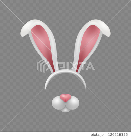 Vector 3D Bunny Ears and Nose, Isolated. Cute Bunny Headband with Pink Bunny Ears for Easter, Spring Holidays. Costume Design, Bunny Face Mask Element for Social Media and Fun Stickers Vector 3D Bunny Ears and Nose, Isolated. Cute Bunny Headband with Pink Bunny Ears for Easter, Spring Holidays. Costume Design, Bunny Face Mask Element for Social Media and Fun Stickers 126216536