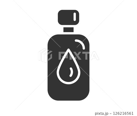 Elegant, minimalistic icon of a bottle with a water drop symbol. Useful for representing liquid products, skincare, essential oils, or hydration. Glyph style. 126216561