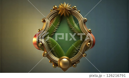 Vintage Christmas frame with pine and golden ornaments, 3D rende 126216791