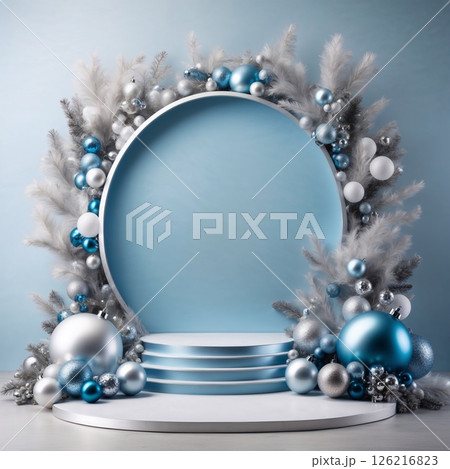 Circular podium with silver and blue Christmas ornaments for advertising macro products Circular podium with silver and blue Christmas ornaments for advertising macro products 126216823