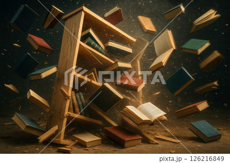 An intense and dynamic image capturing the exact moment a shelf collapses, with a chaotic but artistic freeze-frame of falling books 126216849