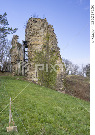 Ruins of Chateau Chalon Castle overlooking green grass in Jura, France 126217156