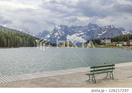 Relaxing bench overlooking Lake Misurina and Tre Cime di Lavaredo, Auronzo di Cadore, Italy Relaxing bench overlooking Lake Misurina and Tre Cime di Lavaredo, Auronzo di Cadore, Italy 126217297